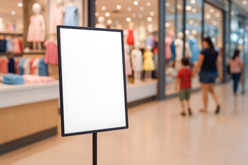 Obraz premium Modern blank poster on sleek black stand in children clothing store with blurred colorful dresses and shoppers background for retail marketing display