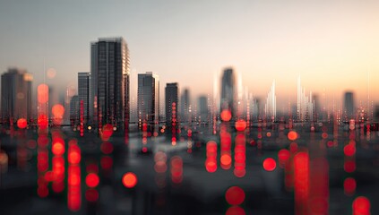 Blurred cityscape at dawn with data overlay