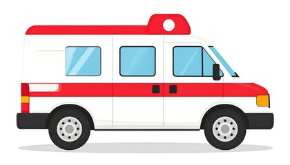 Side view of a white ambulance with red accents.