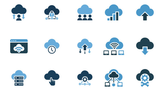 Collection of modern flat cloud computing icons representing data storage network security and digital services