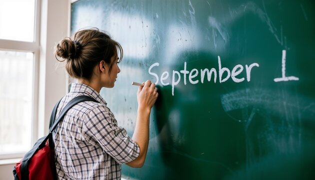 Student writing "September 1" on a chalkboard in a classroom, preparing for a new school year.
