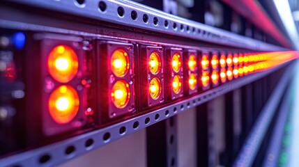 Fototapeta premium Row of LED lights illuminating indoor agricultural setting, close-up