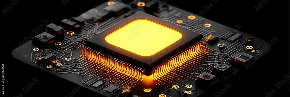 Aufkleber close-up of a glowing circuit board with a central processor chip