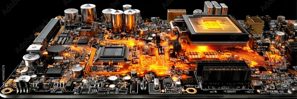 Poster close-up of a glowing circuit board with various components
