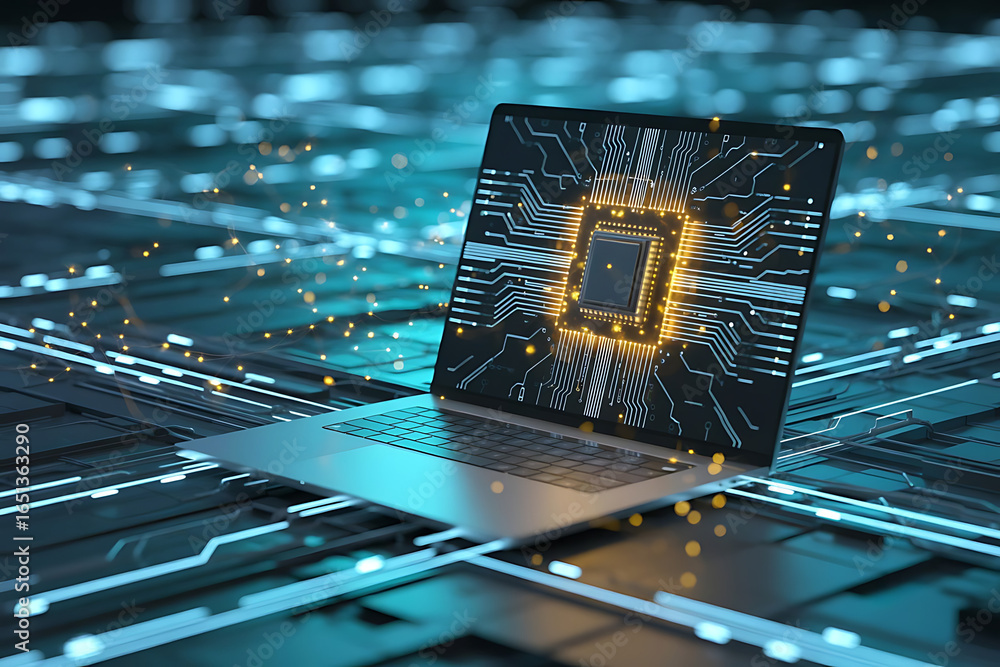 Poster connecting to the future. a sleek silver laptop surrounded by a dynamic display of digital circuitry
