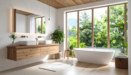 Modern Bathroom Interior With Wooden Vanity Bathtub And Green Tree View Through Window Providing Bright Natural Lighting