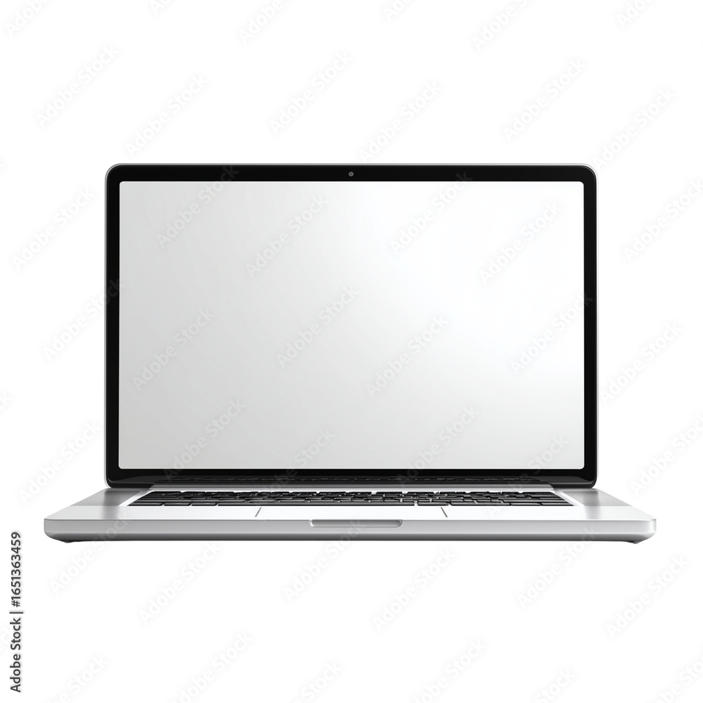 Poster modern silver laptop with a blank white screen open and ready for use isolated on transparent backgr