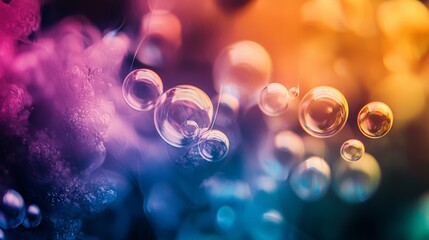 Colorful glowing bubbles in dreamy atmosphere with bokeh lights for abstract photography fantasy background surreal composition artistic visual theme