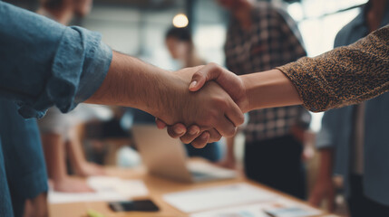 Coworkers shaking hands across desk in office