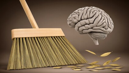 A broom sweeps away fallen leaves, symbolizing clearing the mind