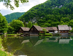 Obraz premium Picturesque wooden houses along a calm river, nestled in a valley of lush green mountains