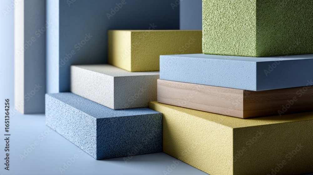 Poster stacked colorful rectangular shapes on gradient surface for abstract minimal design photography visu