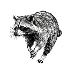 Naklejka premium PNG of A detailed black and white illustration of a raccoon in mid-leap, showcasing its playful nature.