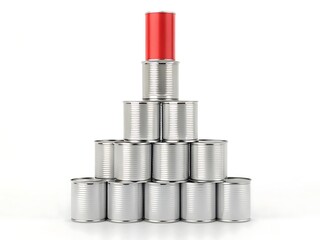 Stack of tin cans isolated on white background, arranged in a pyramid shape, with one red can on top, representing a unique product or a different choice in the market, shiny and new