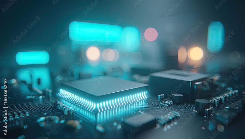 Fototapete close-up of a circuit board with a central processor chip, illuminated with teal-blue light. dark ba