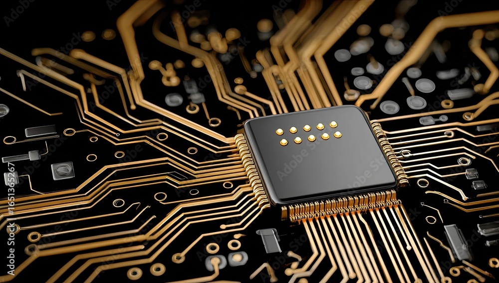 Fototapete close-up of a circuit board with a central processor chip. complex network of golden pathways on a d