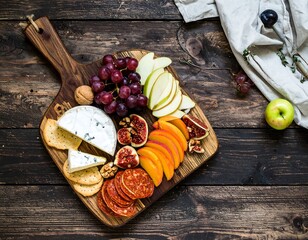 Cheese and fruit platter on rustic board