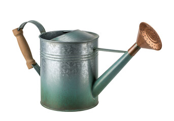 Vintage metal watering can with a long spout and perforated rose for garden watering needs