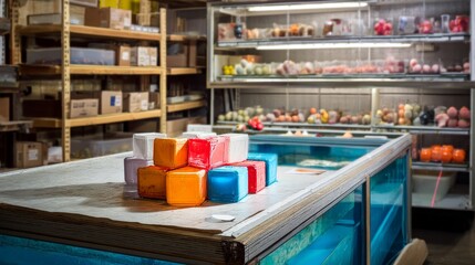 Colorful handmade soap bars in rustic market display for natural skincare product photography organic wellness artisan composition hygiene health