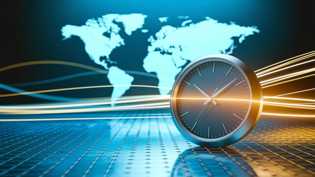 Clock with World Map on a Blue Background