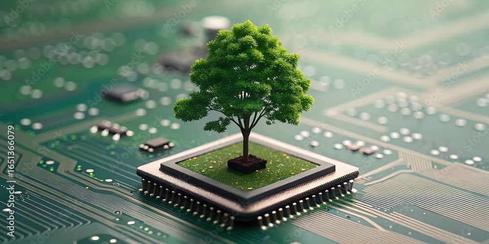 Poster a tree is growing out of a computer chip on a circuit board, representing the concept of green techn