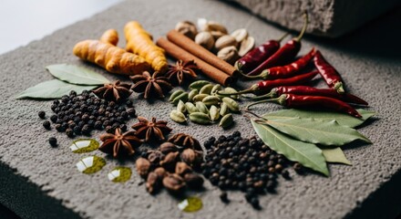 Spices & herbs Turmeric, cinnamon, peppercorns, star anise laid on stone