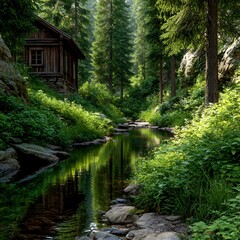 Obraz premium Cabin sits near river in sunny Forest