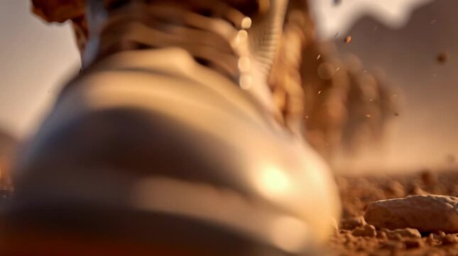 Close-up of soldiers in combat boots marching through the desert