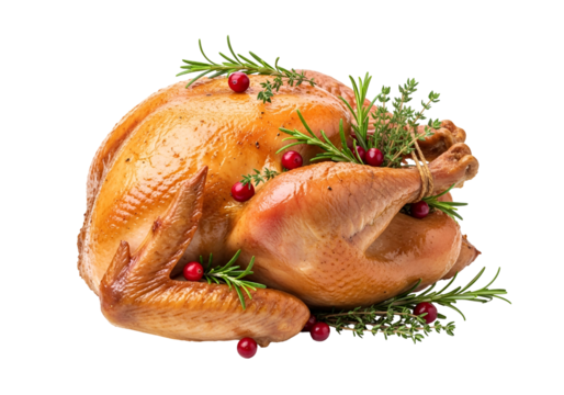 Whole roasted turkey garnished with herbs and red berries on a black background
