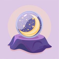 Illustration of mystical magical crystal ball with moon and stars inside on purple platform. Fortune telling concept background
