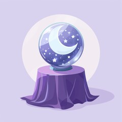 Illustration of mystical magical crystal ball with moon and stars inside on purple platform. Fortune telling concept background