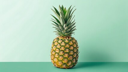 Fresh Pineapple Fruit Standing Tall with Green Leaves on a Green Background, Healthy and Tropical Food.