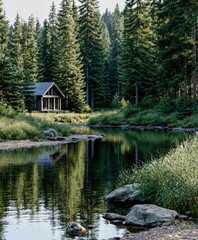 Fototapeta premium Cabin sits beside river in forest
