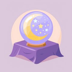 Illustration of mystical magical crystal ball with moon and stars inside on purple platform. Fortune telling concept background