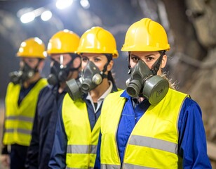 Fototapeta premium A group of miners wearing yellow hard hats and protective gas masks stand in a line inside a dark mine shaft.