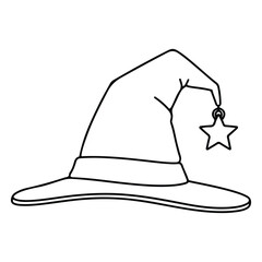 Black outline of a witch hat with a star hanging from the tip wizard hat halloween