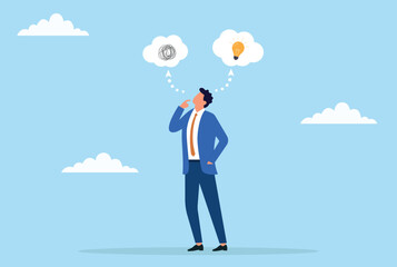 Vector illustration of a businessman thinking, showing confusion and a light bulb, symbolizing decision making, problem solving, creativity, and business strategy
