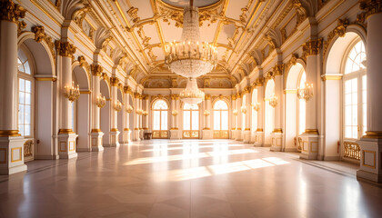 Obraz premium Grand Ballroom Interior with Golden Embellishments and Sunlight Streaming through Arched Windows