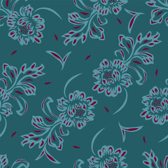 Seamless floral pattern, colorful ditsy print, abstract ornament in retro folk motif. Pretty decorative art botanical design of hand drawn large, small flowers, leaves, wild herbs. Vector illustration