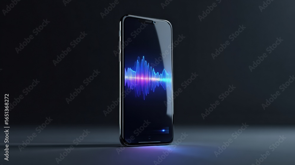 Aufkleber modern smartphone displaying sound wave visualization in a dramatic lighting setup during evening ho