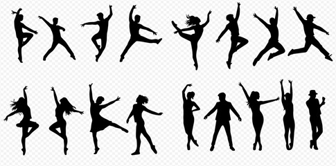 A diverse collection of black silhouettes featuring men and women in various energetic dancing and jumping poses.
