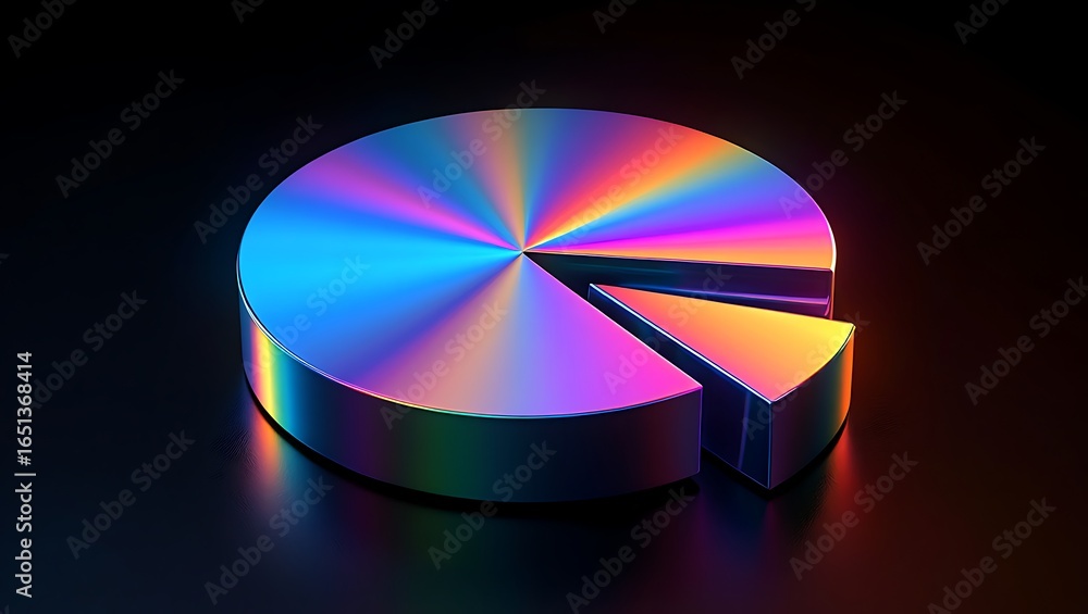 Poster a metallic iridescent pie chart with a slice removed illuminated by vibrant rainbow colors against a