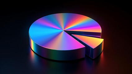 Obraz premium A metallic iridescent pie chart with a slice removed illuminated by vibrant rainbow colors against a dark background symbolizing data analysis and financial growth