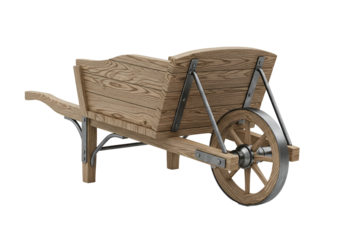 Wooden wheelbarrow with sturdy handles and wheel on a black background for garden or construction