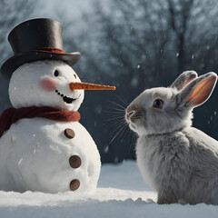 Snowman and rabbit on a snowy day