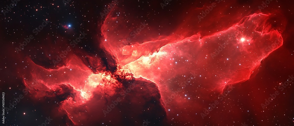 Poster vast red nebula glowing with starlight in the deep expanse of outer space, a celestial wonder.