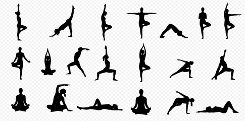 A collection of black silhouettes showing people in various yoga poses and asanas for fitness and meditation.