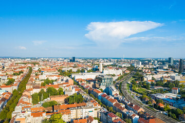 Naklejka premium Panorama of Zagreb, Croatia. Aerial view of green wave and western side of city center.
