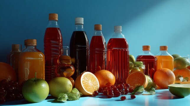 Colorful juice bottles with fresh fruits on blue background for healthy drink product photography lifestyle vitamin beverage citrus branding