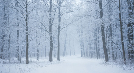 Obraz premium Serene Winter Forest with Snow Covered Trees and Misty Atmosphere Creating Peaceful Nature Landscape